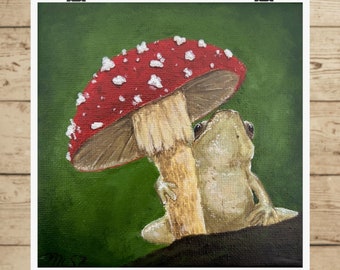 Frog With Red Cap Mushroom Matte Poster Print Original Artwork Forestcore Cottagecore Fairycore Goblincore Living Room Bedroom Wall Decor