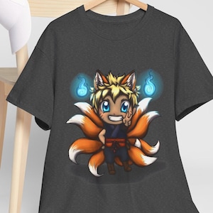 Anime Chibi Fox Spirit Unisex Cotton Tee Merch Kitsune Nine Tails Kawaii Stuff Gift For Otaku Original Artwork Sun Design Japanese Character
