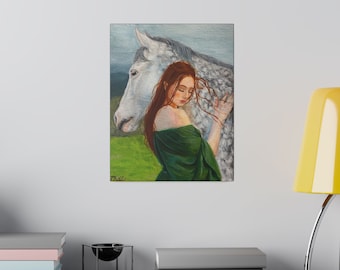 Elven Women Gray Dappled Horse Matte Canvas Stretched Print of Original Artwork Cottagecore Fairycore Living Room Bedroom Wall Decor Fantasy