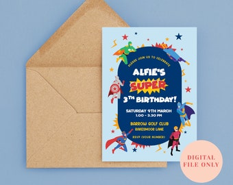 Digital Super Hero Birthday Invitation, Personalised Children's Party Invitations, First Second Third Fourth Birthday Invitation Design