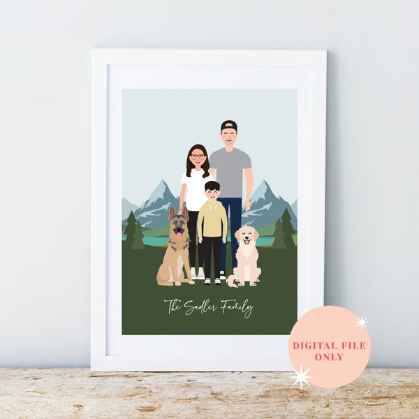 Personalised Scenic Family Portrait Printable/ Custom Family Illustration/ Family Pet Portrait/ Mountain Portrait/ Printable/ Digital File