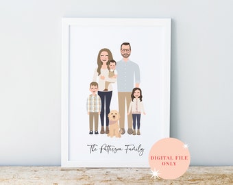 May include: A digital illustration of a family portrait featuring a couple, two children, and a dog. The family is standing together in front of a white background. The parents are holding a baby. The children are smiling. The dog is a golden retriever. The text "The Patterson Family" is written below the family.