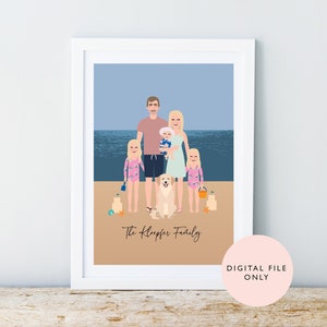 Personalised Beach Scene Family Portrait Printable/ Custom Family Illustration/ Pet Portrait/ Beach Portrait/ Printable/ Digital File