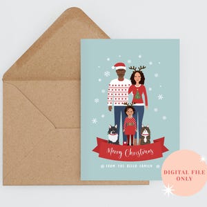 Gepersonaliseerde kerstkaart familieportret afdrukbaar/aangepaste kerst familie illustratie/familie- en huisdierportret/digitaal bestand