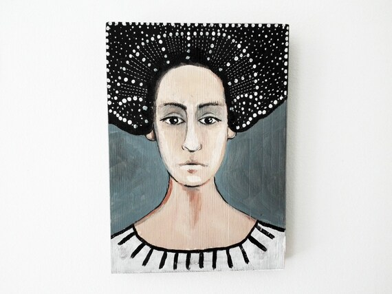 Portrait Of Woman With Fancy Hairstyle Painted On Wood Egyptian Motifs Modern Art Acrylic Paintings On Wood