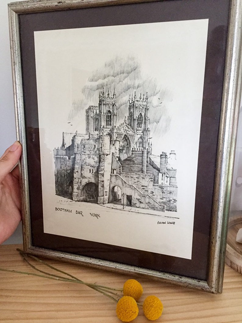 Framed pencil drawing print bootham bar york by brian lewis circa 1960