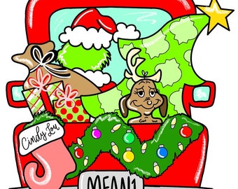 Può includere: Illustrazione di un cassone di camion rosso pieno di elementi natalizi. Il cassone contiene un albero di Natale verde, un personaggio del Grinch, regali e una calza di Cindy Lou Who. La targa del camion recita "MEAN1".