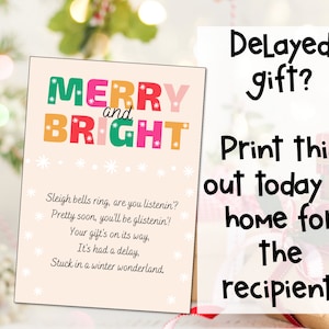 El regalo de Navidad es una tarjeta retrasada / Su regalo está en camino / Envío retrasado / Regalo de último minuto / Regalo imprimible