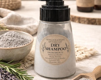 Natural Dry Shampoo Powder • Non Aerosol • Oil Absorbing Hair Refresh • Charcoal + Clay • Lavender + Rosemary • Hemlock & Hazel Apothecary