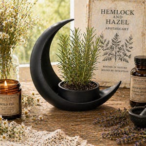 May include: A black crescent moon-shaped planter holds a small potted plant. A lit candle in a glass jar and a bottle labeled "Rosemary" are on a wooden surface. The background includes a book with the text "Hemlock and Hazel Apothecary."