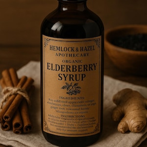 Pu&ograve; includere: Una bottiglia di vetro ambrato scuro di sciroppo di sambuco biologico Hemlock & Hazel. L'etichetta elenca ingredienti come bacche di sambuco, zenzero e miele. Bastoncini di cannella e una radice di zenzero sono accanto alla bottiglia. Lo sciroppo &egrave; per il supporto immunitario.