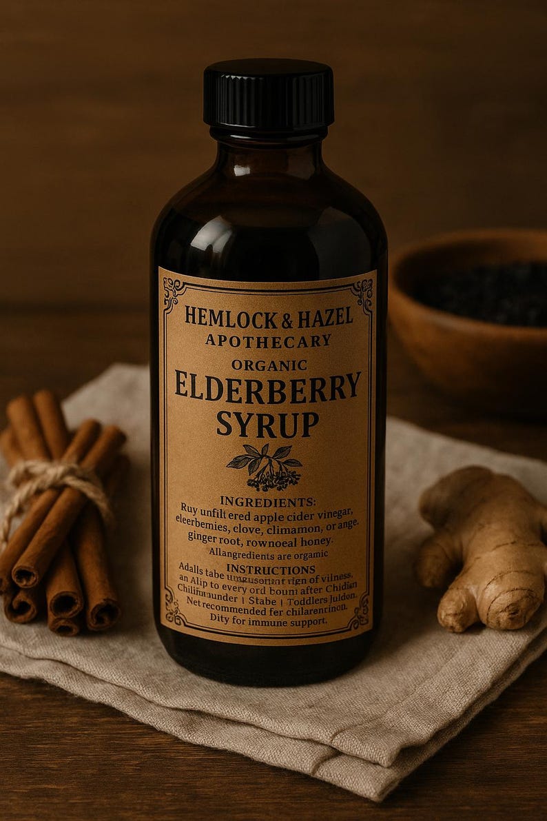 Pu&ograve; includere: Una bottiglia di vetro ambrato scuro di sciroppo di sambuco biologico Hemlock & Hazel. L'etichetta elenca ingredienti come bacche di sambuco, zenzero e miele. Bastoncini di cannella e una radice di zenzero sono accanto alla bottiglia. Lo sciroppo &egrave; per il supporto immunitario.