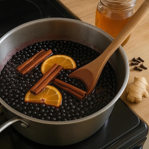 Pu&ograve; includere: Una pentola in acciaio inossidabile piena di bacche scure, fette d'arancia e bastoncini di cannella. Un cucchiaio di legno &egrave; nella pentola. Un barattolo di miele, chiodi di garofano e zenzero sono sul lato. La pentola &egrave; su un piano cottura nero.