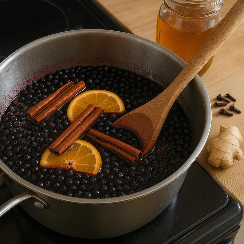 Pu&ograve; includere: Una pentola in acciaio inossidabile piena di bacche scure, fette d'arancia e bastoncini di cannella. Un cucchiaio di legno &egrave; nella pentola. Un barattolo di miele, chiodi di garofano e zenzero sono sul lato. La pentola &egrave; su un piano cottura nero.