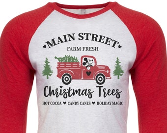 Disney Christmas Mickey Main Street Christmas Trees Truck | Distressed and Vintage style Raglan 3/4 sleeve baseball t-shirt | Sublimated