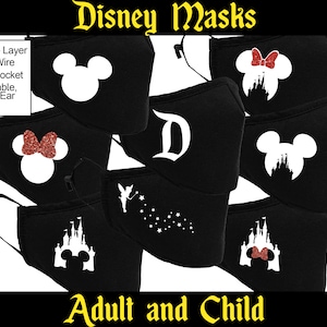 Disney Masks with adjustable elastic ear straps, nose wire, filter pocket | Tinkerbell | Mickey | Minnie | Glitter | Cinderella Castle
