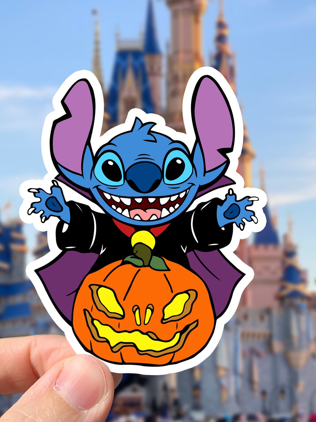 Disney Stitch Vampire With Pumpkin Sticker | Waterproof - Etsy display picture 3
