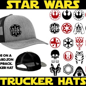 May include: A collection of Star Wars themed trucker hats with various logos and designs. The hats are gray and black with a mesh back. The logos include the Rebel Alliance, the Galactic Empire, the First Order, and more.