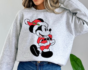 Disney Christmas Mickey Santa Sweatshirt | White and Grey crewneck sweatshirts | Made by DTG