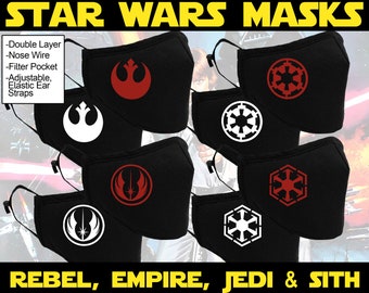 Star Wars Masks with adjustable elastic ear straps, nose wire, filter pocket | Rebel Logo | Empire | Jedi Order | Sith  | Ships from the US