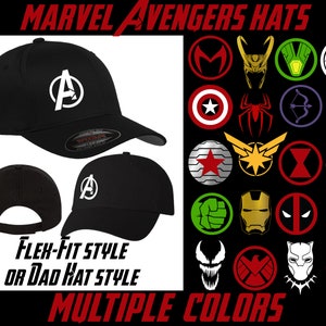 May include: Black baseball cap with a white Avengers logo. The cap is available in flex-fit or dad hat style.  The image shows a grid of different Marvel Avengers logos.