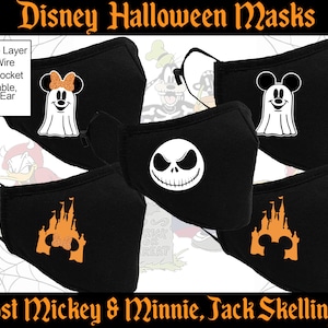 Halloween Disney Masken, Jack Skellington, Geist Micky und Minnie, Schloss Disney | verstellbare Ohrriemen, Nasendraht, Filtertasche