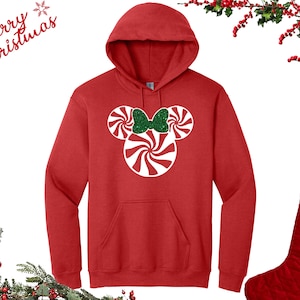 Disney Christmas Hoodie | Mickey Mouse and Minnie Mouse Candy Cane w/Green Glitter Bow | Christmas matching shirts