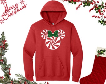 Sudadera navideña de Disney / Bastón de caramelo de Mickey Mouse y Minnie Mouse con lazo verde brillante / Camisetas navideñas a juego