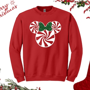 Disney Weihnachts Sweatshirt | Micky Maus und Minnie Maus Zuckerstange mit grüner Glitzerschleife | Weihnachten passende Shirts