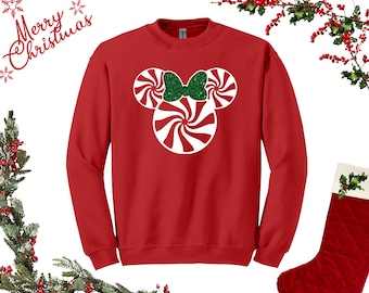 Sudadera navideña de Disney / Bastón de caramelo de Mickey Mouse y Minnie Mouse con lazo verde brillante / Camisetas navideñas a juego