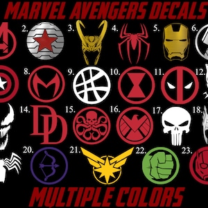 May include: A set of 23 Marvel Avengers character decals. The decals feature various characters from the Marvel universe, including Iron Man, Captain America, Thor, Spider-Man, Black Widow, and more. The decals are in a variety of colors, including red, blue, yellow, green, and black. The decals are perfect for adding a touch of Marvel fandom to any surface.