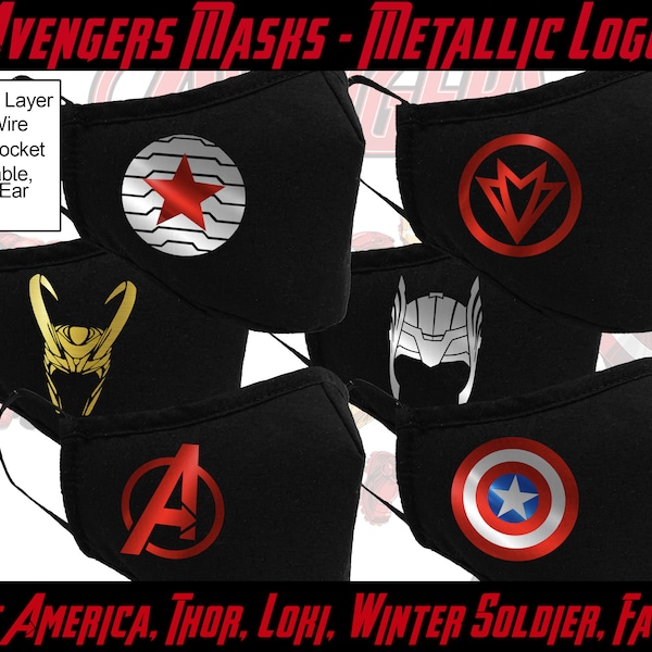 Marvel Avengers Masks | Falcon and the Winter Soldier, Captain America, Loki, Thor | adjustable ear straps, nose wire, filter pocket