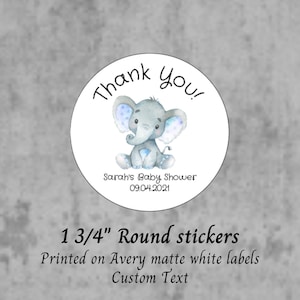 Baby shower thank you stickers, 1 3/4" round stickers, baby elephant, baby boy, baby shower favors, safari shower