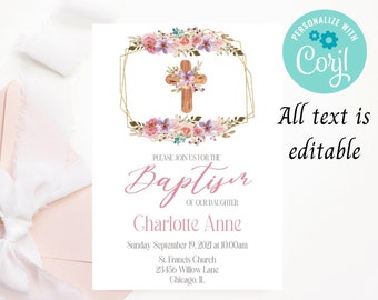 Puede incluir: Una invitación digital para un bautizo con un diseño floral y una cruz dorada. El texto dice "Por favor, únase a nosotros para el bautizo de nuestra hija Charlotte Anne, domingo 19 de septiembre de 2021 a las 10:00 am, Iglesia de San Francisco, 23456 Willow Lane, Chicago, IL."