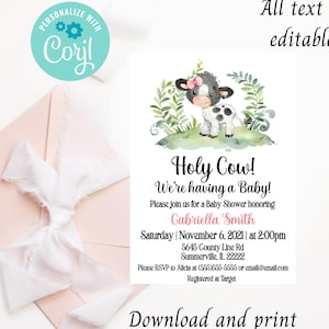 Cow baby shower invitation, holy cow baby shower, baby girl, farm animals, Editable, instant digital download, baby cow