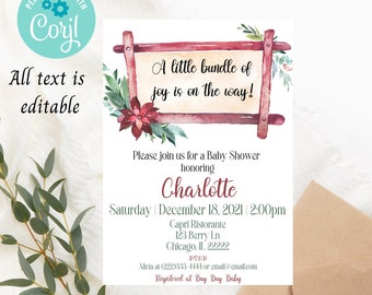 Christmas Baby Shower invitation, holiday baby shower, winter, printable invite, digital download, simple template, little bundle of joy