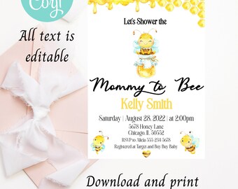 May include: A yellow and white baby shower invitation with a cartoon bee and honeycomb design. The text reads "Let's Shower the Mommy to Bee Kelly Smith" and includes the date, time, and location of the event. RSVP information and registry details are also included.