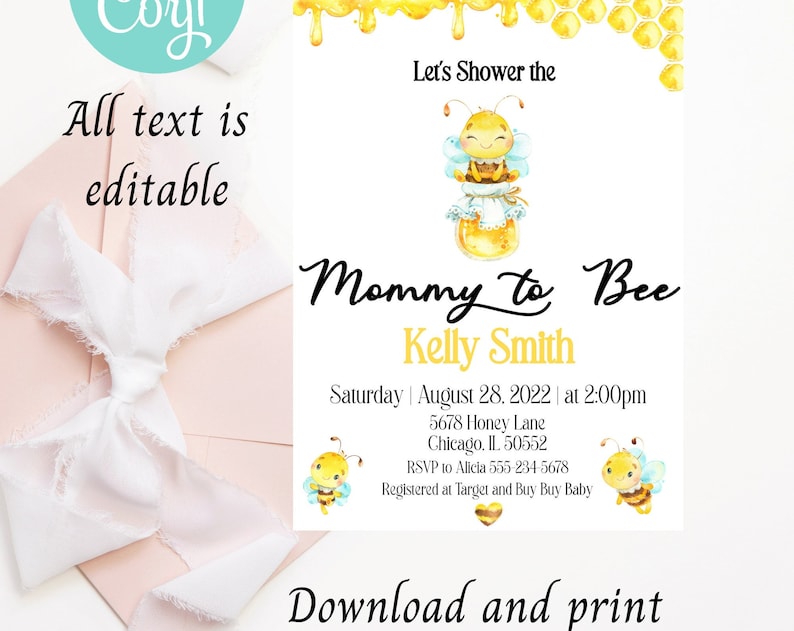 Mommy to Bee baby shower invitation edit download print oh baby sweet honey bee cute baby bee