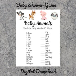 Printable farm animal baby shower game | Match baby to it&#39;s mama| baby animals, farm baby shower | baby shower games | digital download
