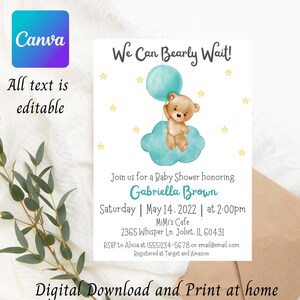 We Can Bearly Wait baby shower invitation, easy template, personalized invite, digital download, teddy bear baby shower, baby boy