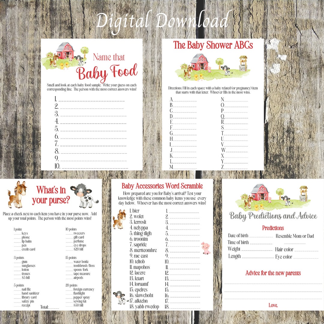 Farm Animal Baby Shower Games, Printable Bundle (digital Download) - Etsy