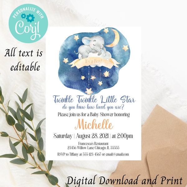 Twinkle twinkle little star baby shower invitation, boy, digital download, printable, simple, moon and stars, sleeping elephant