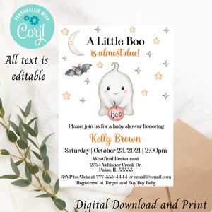Halloween Baby shower invitation, Little Boo is almost due, cute ghost, printable invite, digital download, simple template, Corjl