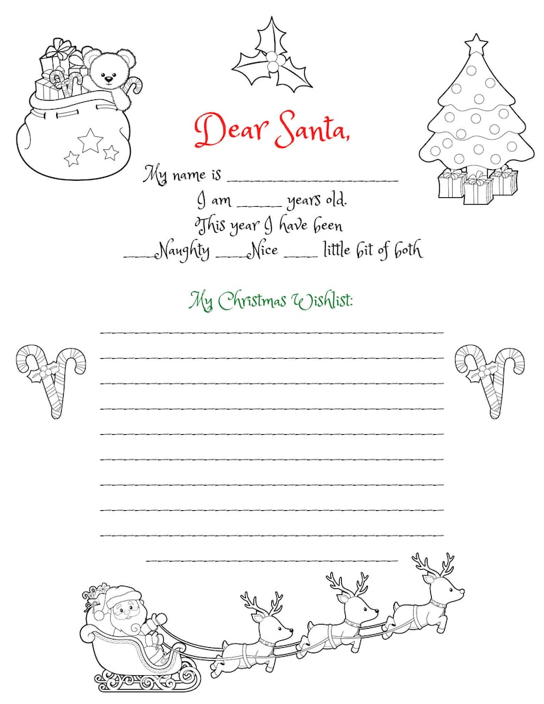 Dear Santa Letter Printable Coloring Page Digital Download Etsy