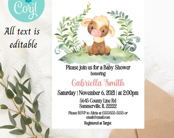 May include: A baby shower invitation with a watercolor illustration of a brown and white calf in a green field. The text reads "Please join us for a Baby Shower honoring Gabriella Smith Saturday | November 6, 2021 | at 2:00pm 5645 County Line Rd Summerville, IL 22222 Please RSVP to Alicia at (555)555-5555 or email@email.com Registered at Target Digital Download and Print"