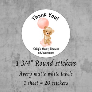 Baby shower thank you stickers, 1 3/4&quot; round labels, pink bear, baby girl, baby shower favors, we can bearly wait, teddy bear baby shower
