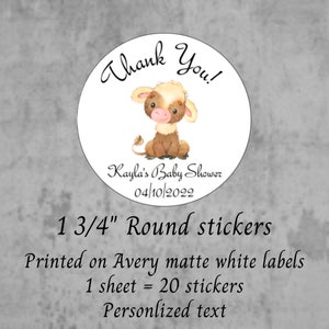 Baby shower thank you stickers, highland cow baby shower, cow baby shower, brown cow, birthday, favors, round stickers