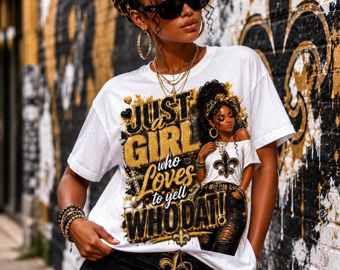 Just a Girl Who Loves to Yell WHO DAT Shirt | Fleur de Lis Tee | Football Game Day Shirt | Black Gold Women's Tee
