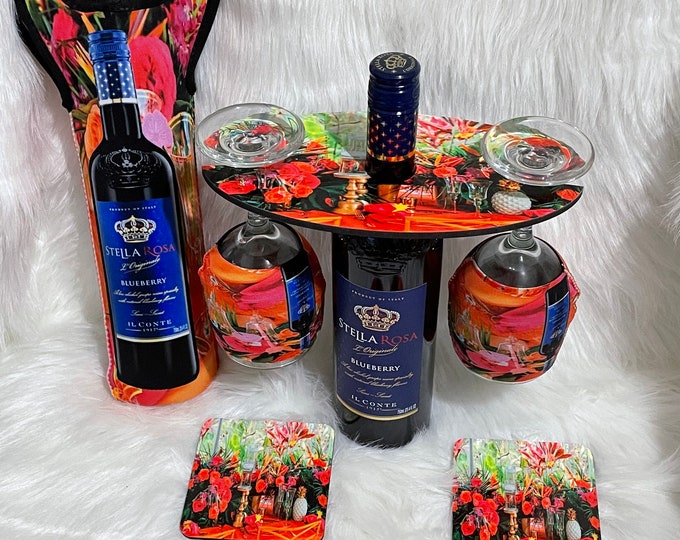 Exotic Garden Custom Wine Caddy, Wine Glasses, Wine Carry Bag and Coasters Set!