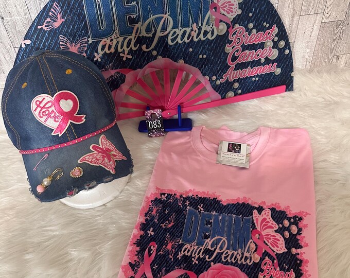 Denim and Pearls Breast Cancer Awareness Set Pink Ribbon Shirt, Hat & Fan Gift for Survivor, Hope Support Apparel